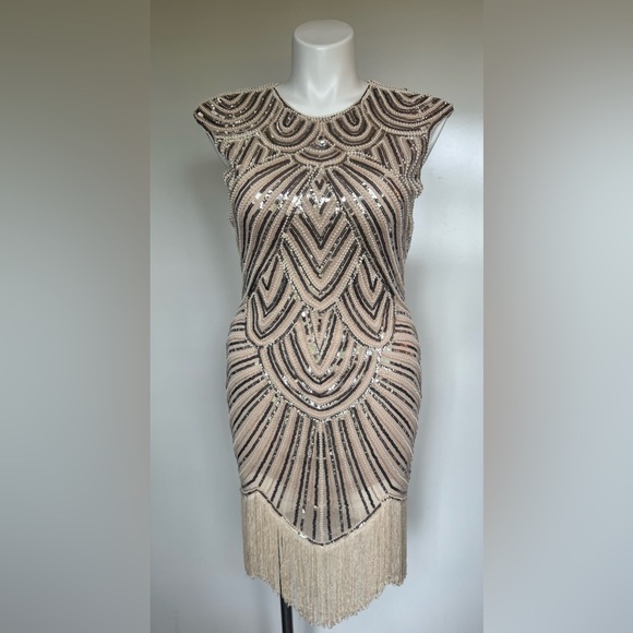 Dazzling Beige And Silver Fringed Beaded Flapper Dress 100% Polyester Size M - Picture 9 of 13